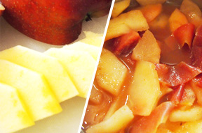 リンゴは皮を剥いて、芯を取って薄切りにします。皮とともに分量の水、砂糖で柔らかく煮ます。