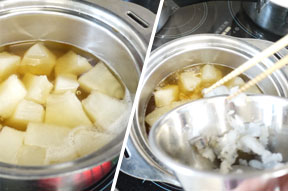 ご飯が炊きあがる3分ほど前に③の具材を入れて蒸らします。