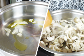 オリーブオイルでにんにくを香り付け程度に炒めます。玉ねぎを入れて、火が通ったらキノコを入れて一緒に炒めます。